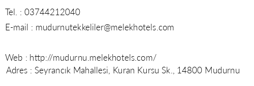 Melek Hotels Mudurnu Tekkeliler Kona telefon numaralar, faks, e-mail, posta adresi ve iletiim bilgileri